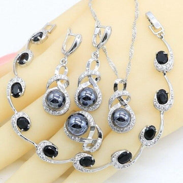Geometric Black Pearl AAA+ Zircon Silver Color Jewelry Set - The Jewellery Supermarket